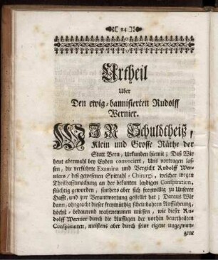 Urtheil Uber Den ewig-bannisierten Rudolff Wernier.