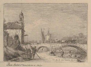 Italienische Idealveduten, III: Paduaner Capriccio mit einem Torgebäude in der Art von Porta Portello mit einer Brücke