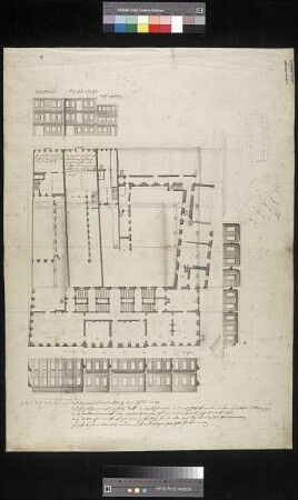 Grundriss, wohl des zweiten oder dritten Geschosses des Mittelpalais im Südflügel und besonders bezeichneter Häuser sowie Aufrisse von Nord-, Süd- und Westflügel
