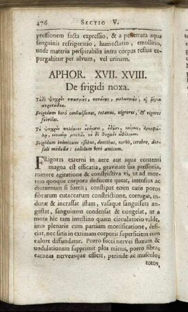 Aphor. XVII. XVIII. De frigidi noxa. - Aphor XXXII. XXXIII. De mensium conversione, sive palindrome.