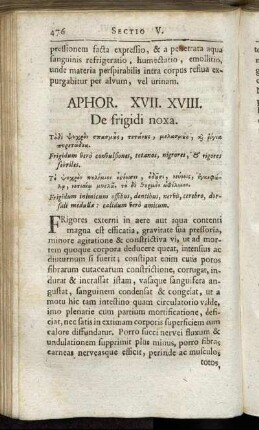 Aphor. XVII. XVIII. De frigidi noxa. - Aphor XXXII. XXXIII. De mensium conversione, sive palindrome.