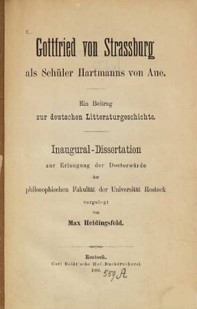 Gottfried von Strassburg als Schüler Hartmanns von Aue : ein Beitrag zur deutschen Litteraturgeschichte