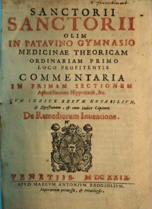 Commentarii in primam sectionem Aphorismorum Hippocratis