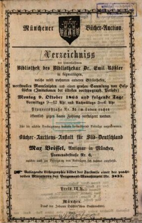 Verzeichniss der hinterlassenen Bibliothek des Bibliothek er Dr. Emil Rößler in Sigmaringen
