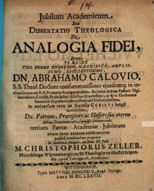 Iubilum academicum, seu dissertatio theologica de analogia fidei