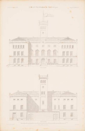 Rathaus und Gerichtshaus, Greifenhagen: Vorderansicht, Rückansicht (aus: Atlas zur Zeitschrift für Bauwesen, hrsg. v. G. Erbkam, Jg. 6, 1856)