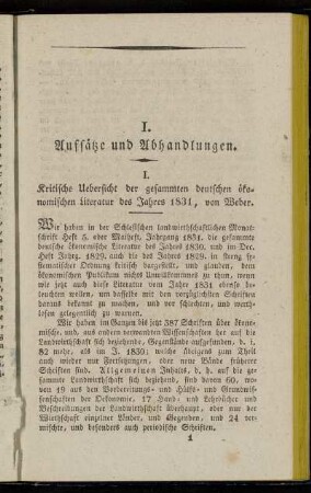 I. Kritische Uebersicht der gesammten deutschen ökonomischen Literatur des Jahres 1831