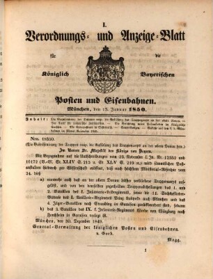 Das Verordnungs- und Anzeige-Blatt für die Königlich Bayerischen Posten und Eisenbahnen. 9. 1850