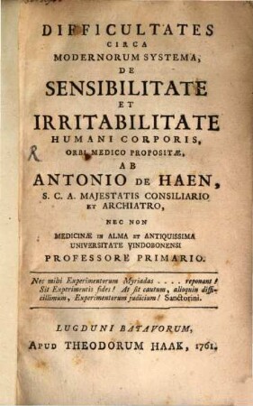 Difficultates circa modernorum Systema de sensibilitate et irrationabilitate humani corp.