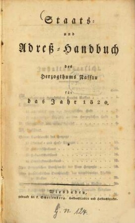 Staats- und Adreß-Handbuch des Herzogthums Nassau. 1820, 1820