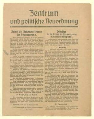 Wahlprogramm der Zentrumspartei: "Zentrum und politische Neuordnung"