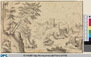 Landschaft mit einer Stadt im Wasser
