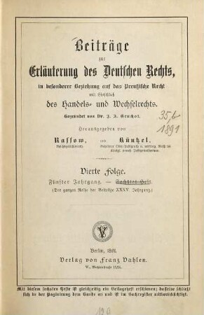 Beiträge zur Erläuterung des deutschen Rechts. 35,b = Folge 4. Jg. 5. 1891