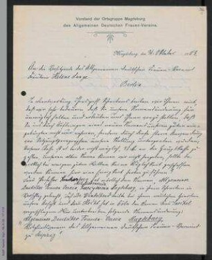 Brief der Ortsgruppe Magdeburg an Helene Lange