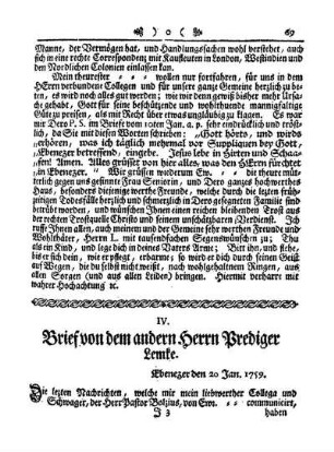 IV. Brief von dem andern Herrn Prediger Lemke