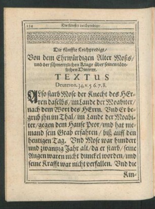 Die fünffte Leichpredigt/ Von dem Ehrwürdigen Alter Mosis ...