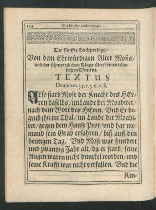 Die fünffte Leichpredigt/ Von dem Ehrwürdigen Alter Mosis ...