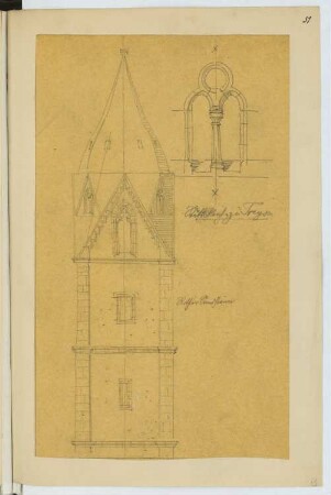 Totenkirche, Treysa: Ansicht, Detail Kirchturm (aus: Skizzen- und Fotoalbum 19)