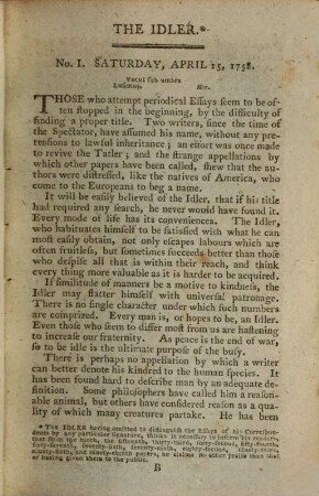 The Idler. 1758/60 = No. 1 - 103. And additional essays