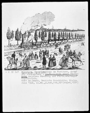 Nürnberg, Gesamtansicht am Horizont, davor die Ludwigsbahn - Deutschlands erste Eisenbahn zwischen Nürnberg und Fürth