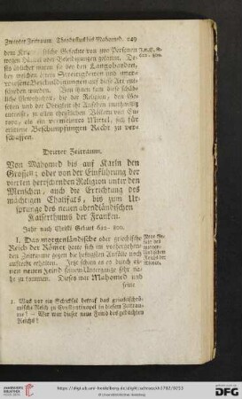 Dritter Zeitraum: Von Mahomed bis auf Karln den Großen; oder von der Einführung der vierten herrschenden Religion unter den Menschen, auch die Errichtung des mächtigen Chalifats, [...]