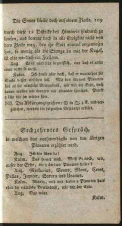 Sechzehentes Gespräch, in welchem das nothwendigste von den übrigen Planeten erzählet wird