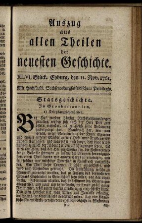 XLVI. Stück. Coburg, den 11. Nov. 1761.