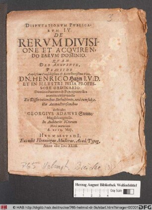 Disputationum Publicarum IV. De Rerum Divisione Et Acquirendo Earum Dominio