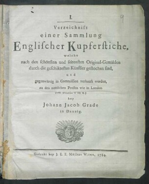 Verzeichnisz einer Sammlung Englischer Kupferstiche, welche nach den schönsten und seltensten Original-Gemälden durch die geschiktesten Künstler gestochen sind, und gegenwärtig in Commission verkauft werden, zu den nemlichen Preisen wie in London ...