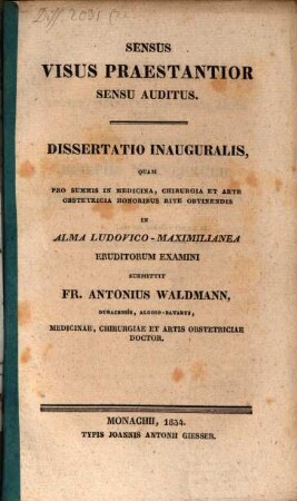 Sensus visus praestantior sensu auditus : diss. inaug.