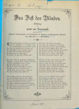 Das Fest des Blinden : Dichtung ; Gesprochen bei der 10jährigen Erinnerungsfeier der Krankenkassa der Vergolderer und Berufsgenossen Münchens am 6. Mai 1894 ...