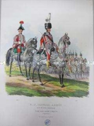 Uniformdarstellung, Kapitän, Trompeter und Mannschaft der Ungarischen Leibgarde zu Pferd, Österreich, 1840. Tafel aus: Trentsensky: K.K. Oesterreichische Armée nach der neuen Adjustirung.