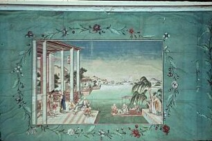 Gesellschaft wohlhabender Chinesen in einem Pavillon am Seeufer