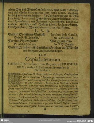 Lit. E. Copia Literarum Christinae, Suecorum Reginae, ad Fridericum, Archi- & Episcopum Bremensem & Verdensem