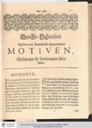 Bericht-Schreiben Auff die von Franckreich vorgewendete Motiven, Weßwegen sie Lotthringen überfallen : [den 7. Septembr. 1670]
