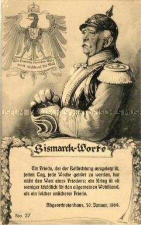 Postkarte mit Bismarck-Porträt und -Zitat