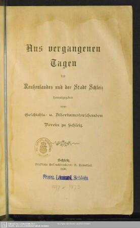 Aus vergangenen Tagen des Reußenlandes und der Stadt Schleiz