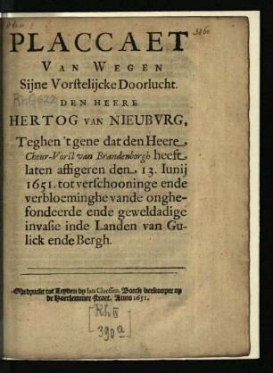 Placcaet Van Wegen Sijne Vorstelijcke Doorlucht