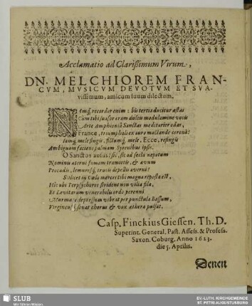 Acclamatio... [Epigramm Casp. Finck]