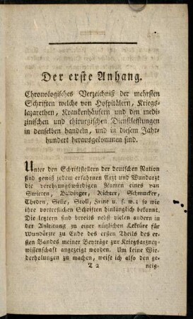 291-298, Der erste Anhang. Chronologisches Verzeichniß der mehrsten Schriften welche von Hospitälern, Kriegslazarethen, ...