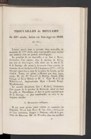 Trouvailles de Monnaies du 10me siècle, faites en Norvège en 1848