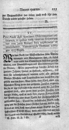 Observationes criticae, in quibus varia veterum scriptorum nec non juris Romani loca explicantur et emendantur. Spec.