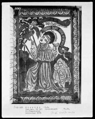 Zwei Buchillustrationen — Der heilige Franziscus mit den Evangelistensymbolen in Eckmedaillons
