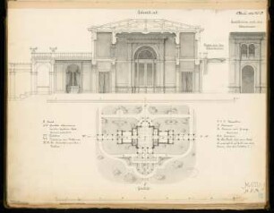 Gartenhaus Monatskonkurrenz Oktober 1877: Lageplan mit Grundriss, Längsschnitt mit 2 Innenwandansichten; 2 Maßstabsleisten, Erläuterungstext