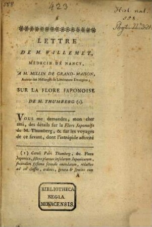 Lettre De M. Willemet, Médecin De Nancy, A M. Millin De Grand-Maison, Auteur des Mélanges de Littérature Etrangère; Sur La Flore Japonoise De M. Thumberg