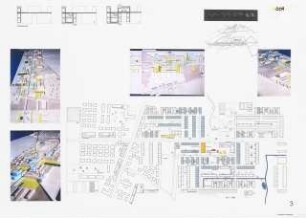 Entwicklungsperspektive für Großziethen Schinkelwettbewerb 1997: Lageplan 1:1000, Schema, perspektivische Ansicht (Vogelschau), Modellfotos