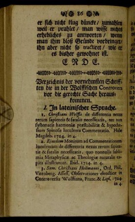 Verzeichnis der vornehmsten Schrifften die in der Wolffischen Controvers vor die gerechte Sache herauskommen.