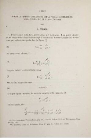 Sopra le diverse espressioni della forza acceleratrice nella teoria delle forze centrali.
