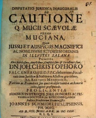 Disp. iur. inaug. de cautione Q. Mucii Scaevolae, vulgo Muciana