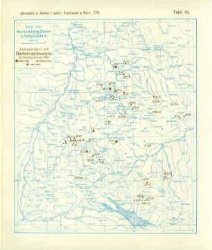 Tafel IX: Karte von Württemberg, Baden und Hohenzollern: Ankunftsdaten des Gartenrotschwanzes in Württemberg 1910